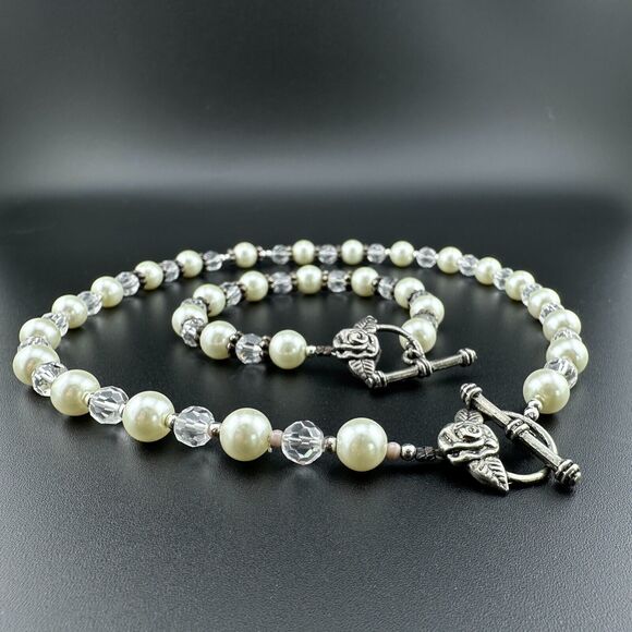 Set Faux Pearl Crystal Silver-tone Rose Toggle Necklace 16" Bracelet 7.5" - Picture 3 of 11